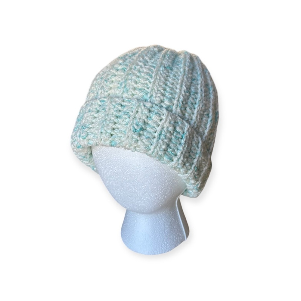 New Handmade Crochet Ribbed Beanie Fold over Hat Winter White Baby Blue Speckled